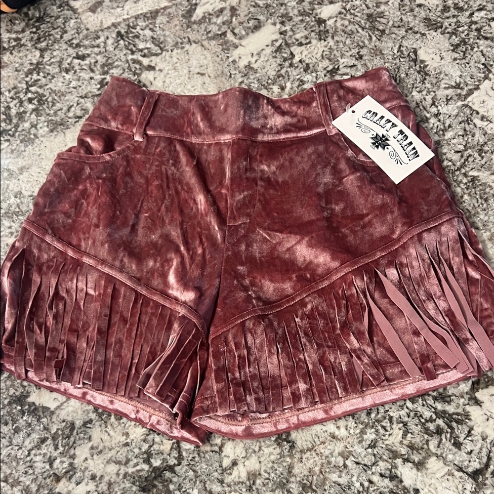 Crazy Train Pink Velvet Fringe Women Shorts